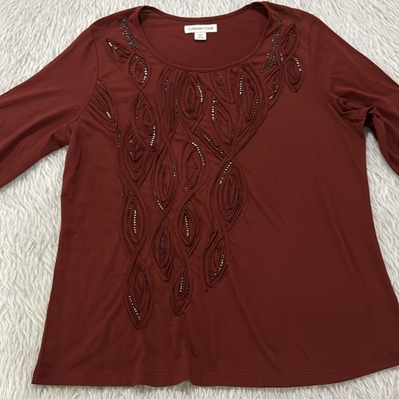 Cold water creek brown beaded embellished long sleeve top size large - Picture 1 of 8